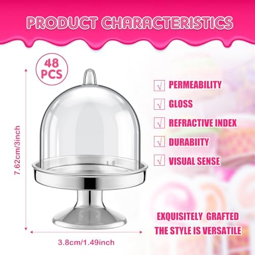Tessco for you 48 Pcs Plastic Mini Cake Stand with Dome Lid,Silver - Image 2