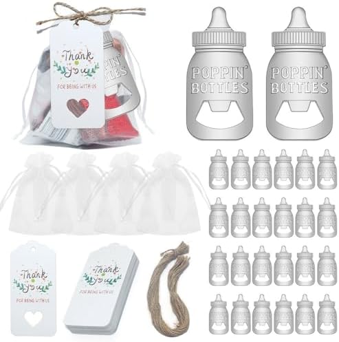 30Pcs Popping Bottle Openers Baby Shower Party Favors for Guests, Cute Bottle Opener Souvenirs with Organza Bags and Thank You Tags Burlap Twines for Wedding Birthday Party Favors (Sliver) by Unknown