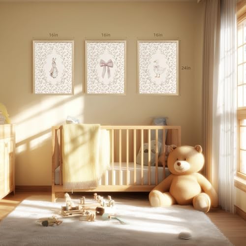 PORENY Baby Girl Nursery Wall Art Set of 3, Pink Bow Rabbit Goose Canvas Prints, Cute Floral Nursery Decor, Vintage Neutral Animal Artwork for Girls Room Kids Bedroom Wood Framed 16x24 Inch - Image 4