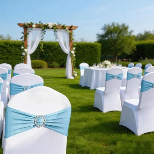 Baby Blue Chair Sashes 50 Pack, Light Blue Spandex Chairs Bands Bows with Buckle Slider for Wedding Party Banquet Decoration - Image 2