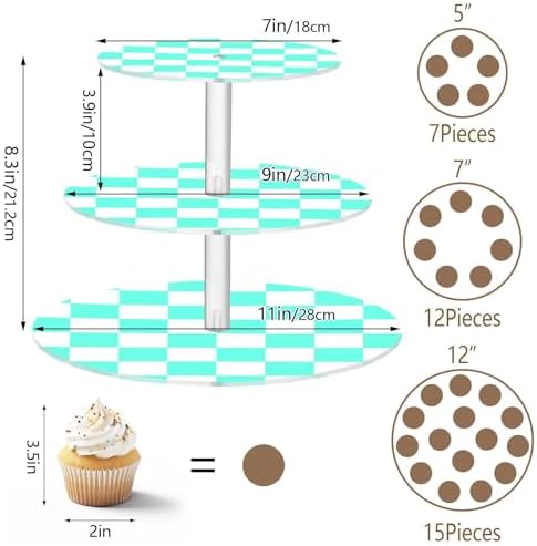 J JOYSAY Chess Checkerboard Neon Light Blue White Print Acrylic Cupcake Stand 3 Tier Dessert Table Display Set Clear Cake Stands for Party Wedding Baby Shower Decorations Easy Assembly Macaron Tower - Image 3