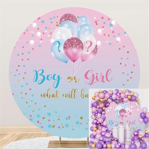 Polyester Diameter 6ft Gender Reveal Round Backdrop Blue Pink Balloon Star Background for Photography Boy or Girl What Will Baby Be Mommy Pregnancy Surprise Party Photo Booth Props by Kzzfqxb