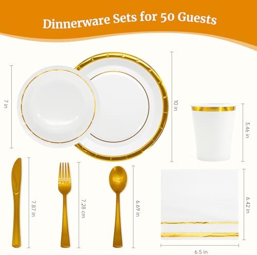 AIRE Gold White Paper Plates Set,350PCS Disposable Dinnerware for 50 - Image 2