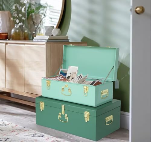 Vixdonos Decorative Large Metal Box Storage Trunk Chest Set of 2 College Dorm Organizer with Hardware Hasps and Handle for Home Deocr,23.7X14.2X9.5 Inches - Image 4
