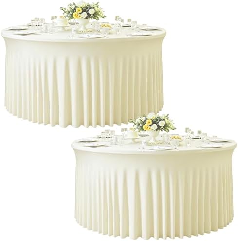 GALLETY 2 Pack Ivory Round Tablecloth for 6FT Tables, 132 inch Fitted Spandex Table Cloth with Skirt, Wrinkle Free Stretchy Circular Table Cover for Wedding, Party, Banquet, Event & Vendor Display by Creativepartyuniquedecorat
