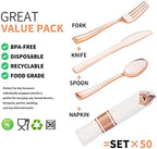 50 Pack Pre Rolled Rose Gold Plastic Silverware Set with Napkins,Disposable Wrapped Heavy Duty Cutlery Set for Wedding Birthday Party-50 Forks,Knives,Spoons,Utensils Set,Plasticware Bulk - Image 4