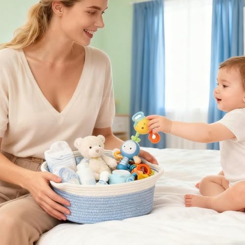 5 Pack Small Woven Cotton Rope Storage Basket with Gift Bags and Ribbons, Nursery Organizer Bin with Handles for Gift Laundry Home Organization, Blue - Image 5