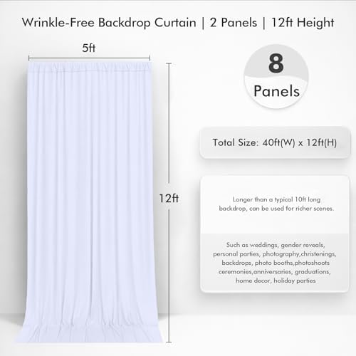 40ftx12ft White Backdrop Curtains for Wedding Party 8 Panels 5×12FT Tall - Image 4