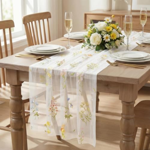 Artoid Mode 6PC Floral Milky White Embroidery Table Runner 120 Inch 10FT - Image 2