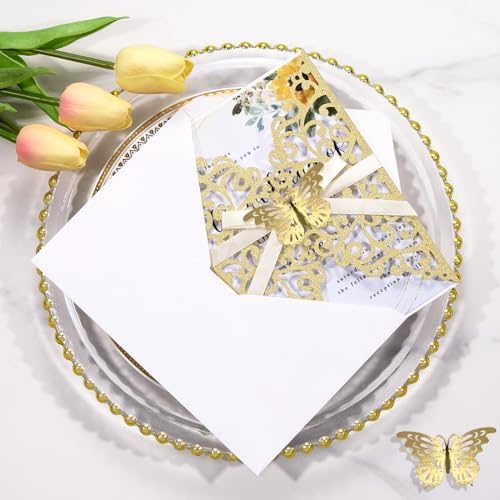 50PCS Gold Wedding Invitations with Envelopes and RSVP Cards - Image 6