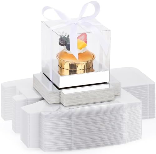 EUSOAR Clear Cupcake Boxes Individual, 100 Pcs 3.5 Inch Silver Transparent Dessert Pastry Muffin Cupcake Containers with Ribbon, Muffins Gift Holder Mini Cake Carrier for Wedding Party Favor Bakery by EUSOAR