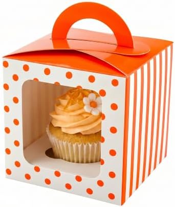 Restaurantware Pastry Tek 4.5 Inch Individual Cupcake Boxes 100 Polka Dots Cupcake Favor Boxes - Fits 1 With Window Orange Paper Cupcake Gift Boxes Built In Handle For Weddings Or Parties - Image 6