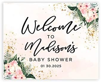 Andaz Press Custom Large Baby Shower Canvas Welcome Sign, 16 x 20 Inches, Pink Hibiscus Tropical Palm Leaves, Guestbook Alternative, Personalized Sign Our Canvas, Tropical Baby Shower, Baby Sprinkle by AndazPress