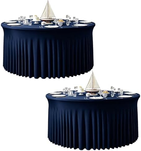 2 Pack 132inch Navy Blue Round Tablecloth, Circle Stretch Table Cloths for 6 FT Tables, Wrinkle Free Round Table Skirt for Wedding Birthday Photography Social Events Engagement Party Decorations by Creativepartyuniquedecorat