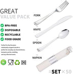 50 Pack Pre Rolled Silver Plastic Silverware Set, Disposable Wrapped Plastic Cutlery Set (50 Forks, 50 Knives, 50 Spoons, 50 Napkins) for Wedding Party - Image 3