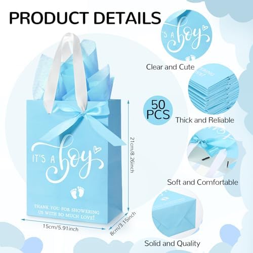 Qilery 50 Sets 8" Baby Shower Favor Bags, It's a Boy Gift Bags with Handle - Image 2