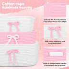 3Pcs Pink Bow Baskets , Coquette Woven Cotton Rope Storage Baskets with Handles, Cute Ribbon Decorative Laundry Hamper Bins for Nursery, Shelf, Makeup, Diaper, Baby Shower Nesting Organizer - Image 6