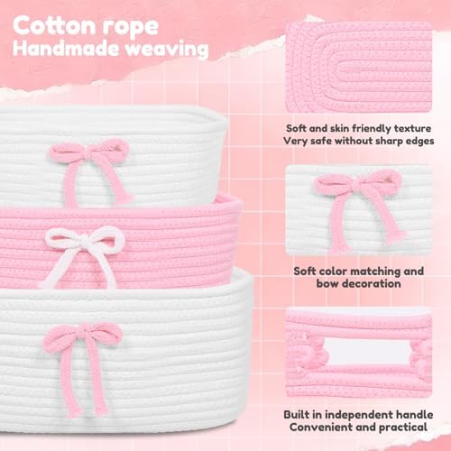 3Pcs Pink Bow Baskets , Coquette Woven Cotton Rope Storage Baskets with Handles, Cute Ribbon Decorative Laundry Hamper Bins for Nursery, Shelf, Makeup, Diaper, Baby Shower Nesting Organizer - Image 6