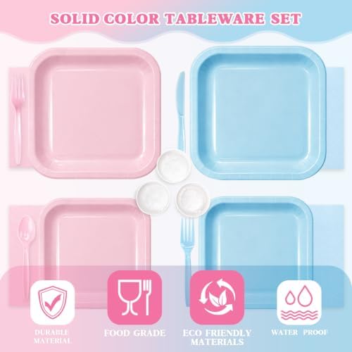 Vyntra 350 Pcs Pink & Blue Square Paper Plates and Napkins Set, Serves 50 - Image 3