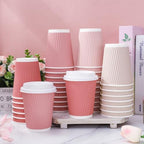 Whaline 100 Pcs Valentine's Day Pink Disposable Coffee Cups with Lids 12 Oz Gradient Pink Paper Cup Corrugated Ripple Wall Insulated Hot Cup for Home Office Party Supplies - Image 4