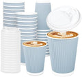 Whaline 100 Pcs Light Blue Disposable Coffee Cups with Lids 12 Oz Solid Blue Paper Cups Corrugated Ripple Wall Insulated Hot Cup for Home Office Party Supplies by Whaline