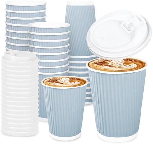 Whaline 100 Pcs Light Blue Disposable Coffee Cups with Lids 12 Oz Solid Blue Paper Cups Corrugated Ripple Wall Insulated Hot Cup for Home Office Party Supplies by Whaline
