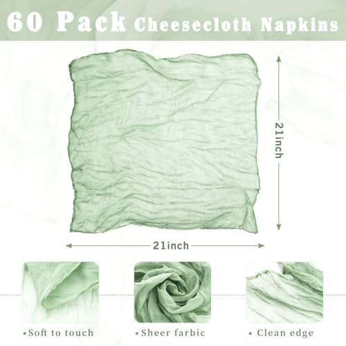 60 Pack Sage Green Cheesecloth Napkins Washable 21x21 Inches Sage Green Cloth Napkins Set of 60 Dinner Table Napkins for Wedding Bridal Baby Shower Rustic Boho Cotton Gauze Summer Party Table Decor - Image 3