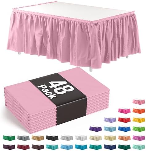Exquisite Pink Table Skirt 48 Pack - Disposable Plastic Table Skirts for Rectangle Tables 6ft 8ft & Round Tables - 29in x 14ft Self-Adhesive Strip - Birthday Wedding Gender Reveal Decor by Exquisite