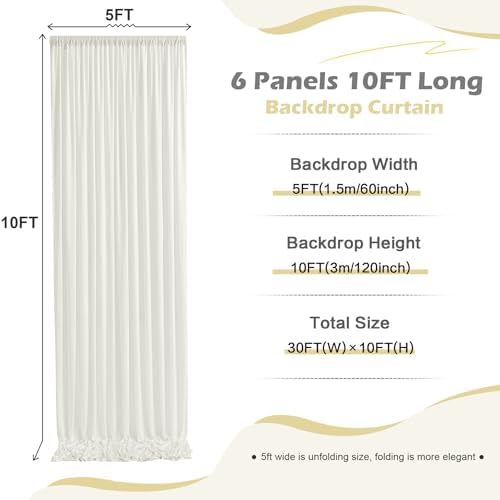 30ft x 10ft Wrinkle Free Ivory Backdrop Curtain for Parties, 6 Panels 5x10ft Silky Polyester Ivory Wedding Backdrop Drapes Photo Back Drop Cloth for Birthday Baby Shower Photography Background - Image 5