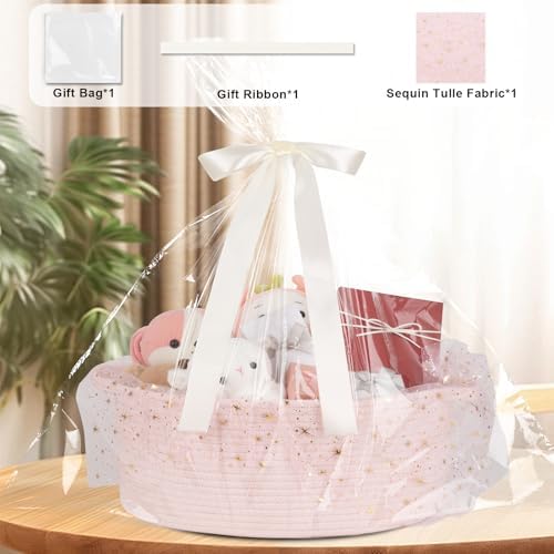 OIAHOMY Large Gift Basket Empty 17" x 12.6" x 7", Storage Basket with Gift Bag, Ribbon and Glitter Tulle for DIY Anytime, Toy Storage for Kids, Dogs with Handles in A Stylish Design - Pink - Image 3