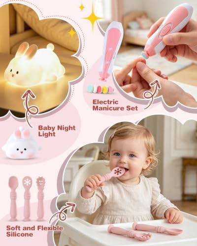 Baby Shower Gifts for Girls, 26 Piece Deluxe Baby Gift Basket - Baby Girl Gift Basket with Bunny Night Light, Electric Nail Trimmer, Bath Towe, Rattle & Milestone Cards for New Mom(Pink) - Image 5