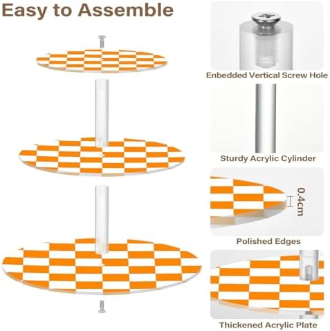 J JOYSAY Checkerboard Orange White Pattern Acrylic Cupcake Stand 3 Tier Dessert Table Display Set Clear Cake Stands for Wedding Party Baby Shower Decorations Easy Assembly Macaron Tower - Image 2