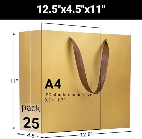 EUSOAR Paper Bags with Handles, 25pcs 12.5"x4.5"x11" Large Gold Gift Bags Bulk, Merchandise Retail Paper Shopping Wrapping Bags for Business, Craft Grocery, Boutique, Party Favor, Wedding - Image 2