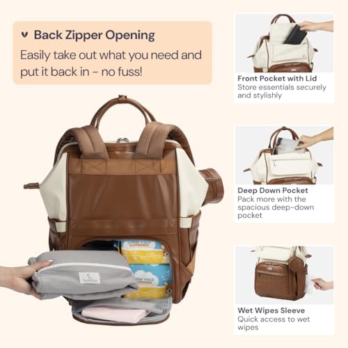 BabbleRoo Leather Diaper Bag Backpack, Multifunction Large Bags with Changing Pad & Stroller Straps & Pacifier Case, Unisex Stylish Travel Back Pack Nappy Changing Bag for Moms Dads (Coffee Cream) - Image 5