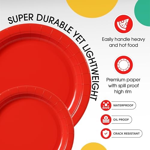 Party Solids Exquisite Red Paper Plates Disposable Heavy Duty 200 Pcs - 100-7" & 100-9" Red Disposable Plates For Party Heavy Duty 350 GSM For Birthday Supplies - Image 4