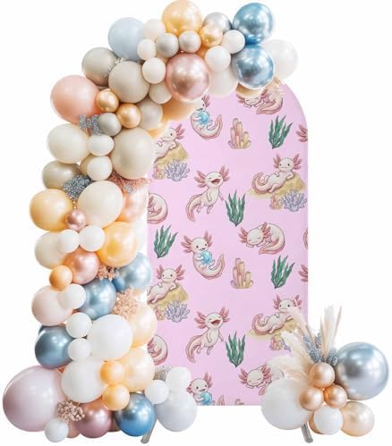 Cartoon Axolotl Arch Backdrop Cover 7.2 FT, Pink Ambystoma Mexicanum Green Seaweed Ocean Coral Wedding Arch Cover Stretchy Backdrop Stands Covers for Birthday Party Ceremony Banquet Decor - Image 2