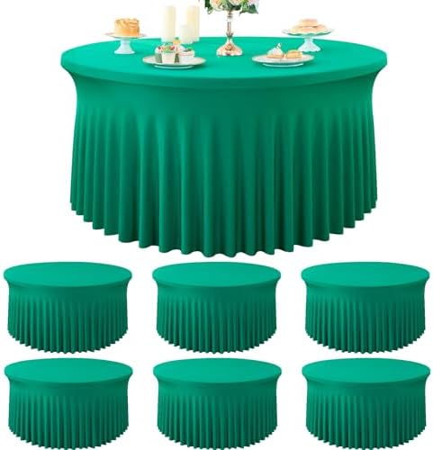 6 Pack Emerald Green Spandex Round Tablecloths for 72 Inch Table, Stretchy 132 Inch Fitted 6FT Cloths, Wrinkle Free Cover With Skirt for Wedding Party Dining Banquet by Htper