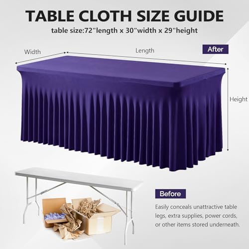 Wish Care 2 Pack Dark Purple Spandex Table Clothes for 6 Foot Rectangle Tables, 6FT Wrinkle Free Fitted Tablecloths Ruffles Design Table Cover for Party, Banquet, Wedding and Events - Image 3
