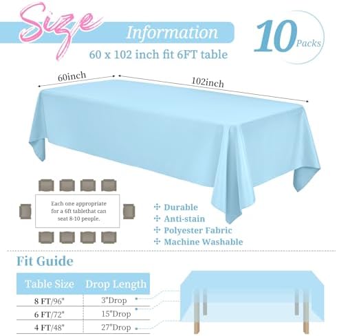 Showgeous 60x102 Inch Light Blue Rectangle Tablecloth 10 Pack Fit 6FT Table - Image 2