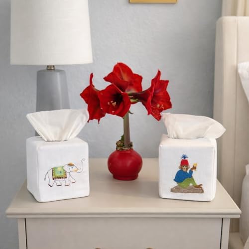 Jacaranda Living Square Tissue Box Cover, Linen/Cotton Tissue Holder, Decorative Cloth Tissue Cover, Fits Standard Square Tissue Boxes, Embroidered Animal Designs, Charming Elephant (Aqua) - Image 3