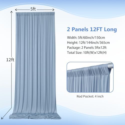 10ft×12ft Wrinkle Free Dusty Blue Backdrop Curtain for Wedding Parties,2 Panels 5×12ft Long Silky Polyester Fabric Backdrop Drapes Photo Back Drop Cloth for Birthday Photography Background - Image 3