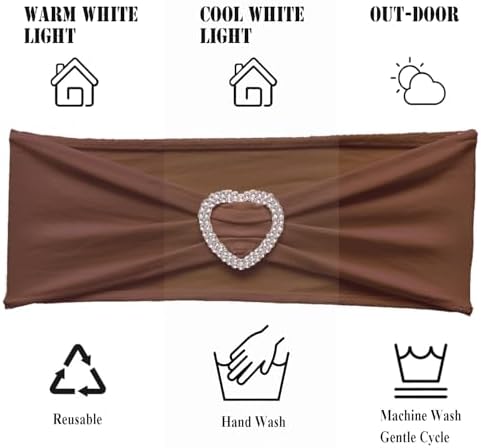 Brown Chair Sashes 60 Pack Spandex Brown Sashes for Chairs Universal Spandex Chair Sashes Bands with Heart Buckle Slider for Wedding Banquet Party Decorations - Image 4