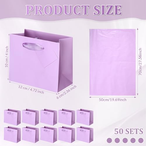 Qilery 50 Pcs Wedding Paper Gift Bags Bulk with Tissue Paper Small Gift Bags with Handle and Tags for Birthday Wedding 4th of July Party Business(Light Purple,4.7 x 2.4 x 3.9'') - Image 3