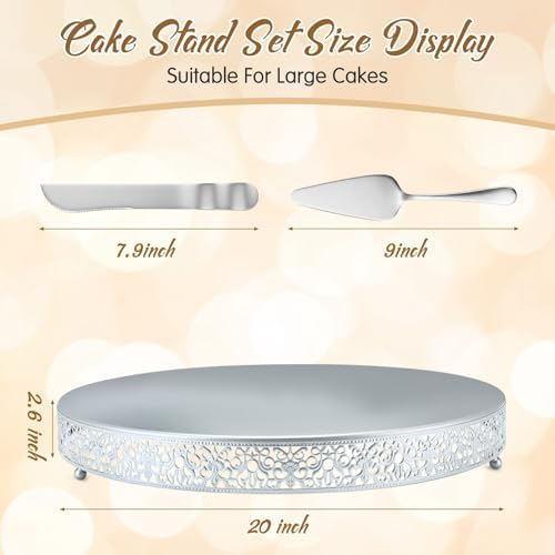 Wenqik 20 Inch Silver Cake Stand Metal Round with Cutter Spatula, Classic - Image 2