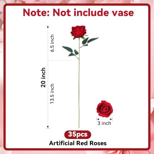 35 PCS Red Roses Artificial Flowers, Fake Roses with Stem Realistic Silk Rose for DIY Wedding Bouquets Table Centerpieces Arrangements Baby Shower Birthday Home Decor Valentines Day Gift for Her - Image 5