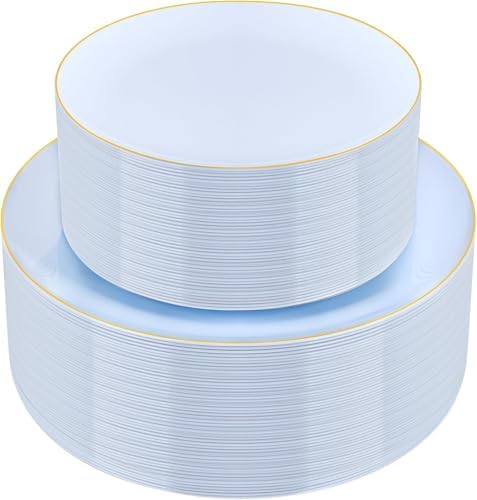 PULOTE 100PCS Blue Plastic Plates - Disposable Light Blue Include 50 Dinner & 50 Dessert/Salad Plates for Party, Wedding & Birthday by PULOTEpartywareWesupplyproductsandyouenjoylife