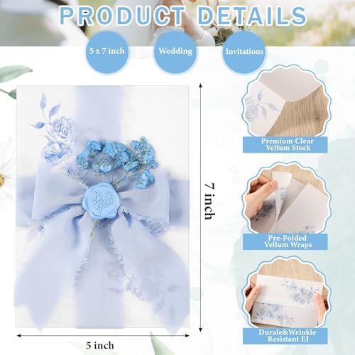 Fullhawl 100 Sets Wedding Invitations Wraps Set Pre Folded Vellum Jackets for 5 x 7 Invitations Dried Flowers Wax Seal Stickers Chiffon Silk Ribbon for Wedding Birthday Bridal Shower Craft DIY (Blue) - Image 3