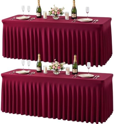 2 Pack Burgundy Table Cloth for 6 Foot Rectangle Tables Spandex Fitted Tablecloth 6ft Stretch Table Covers Skirt Burgundy Banquet Tablecloths Wrinkle Free Tablecloth for Party Wedding Birthday Event by Tao-GePartyDecorations