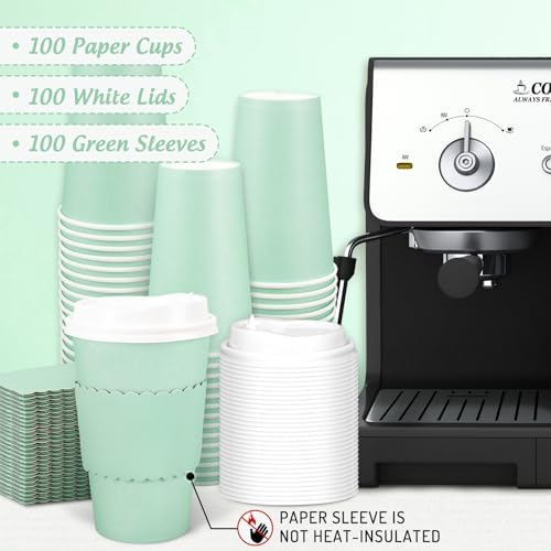 Whaline 100 Pcs Green Disposable Coffee Cups with Lids and Sleeves 16 Oz Light Green Insulated To Go Paper Cups for Home Restaurant Travel Wedding Birthday Baby Shower Party Supplies - Image 3