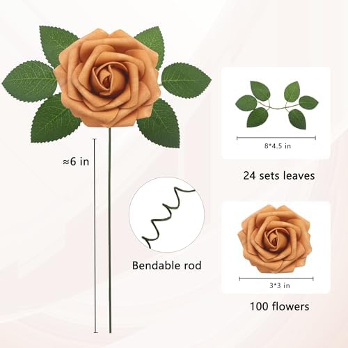 100Pcs Gold Sparrow Artificial Flowers Realistic Roses, Real Looking Fake Roses with Stem for DIY Wedding Bouquets Centerpieces Party Home Romantic Decorations (Gold Sparrow, 100pcs) - Image 2